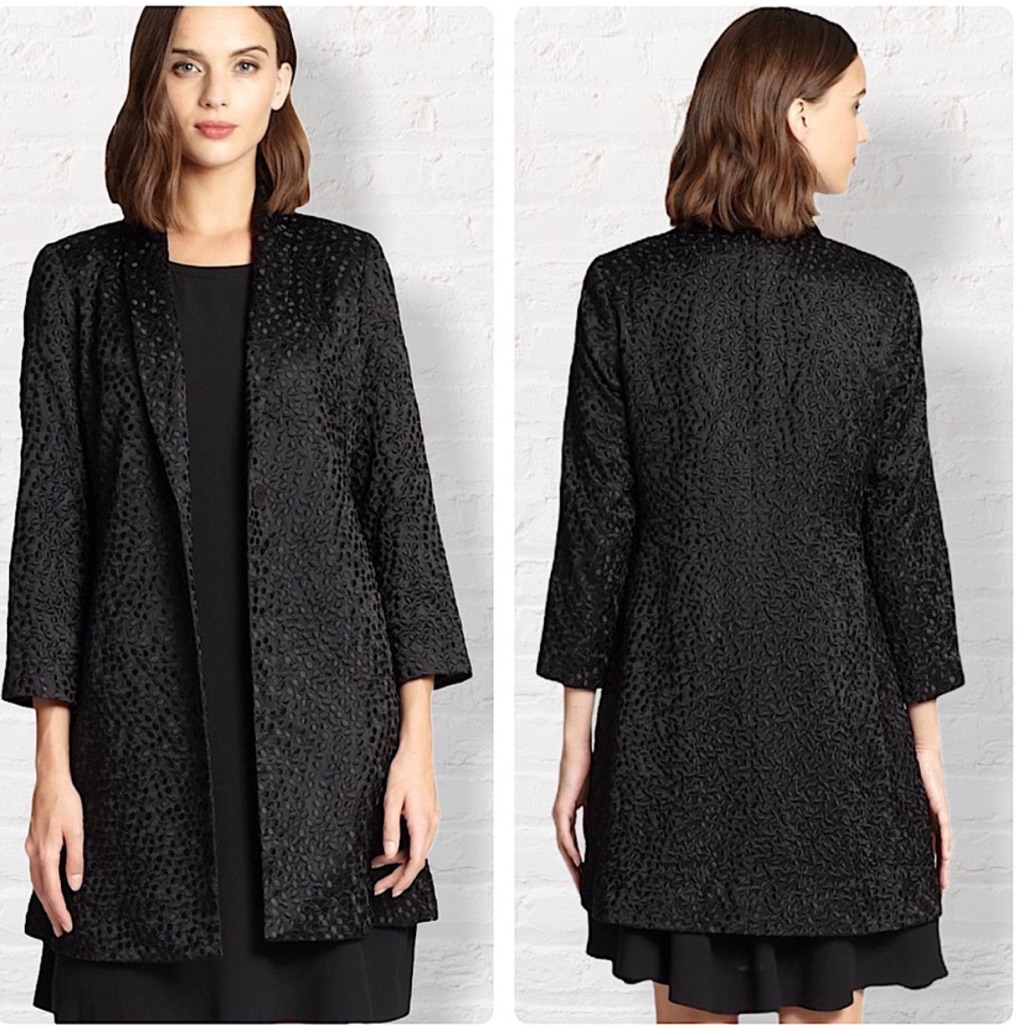 Eileen Fisher Embroidered Silk Dot Textured Black Coat Jacket Sz Xs